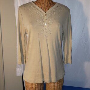 Ladies JESSICA Sport 3/4 Length V Neck Tunic w/Embroidered Neckline in Tan - M